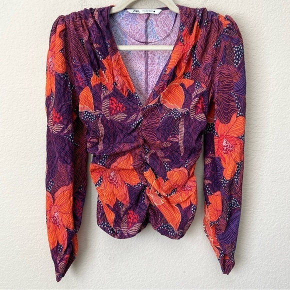 Zara Floral Chic Structured Shoulder Cinched Long Sleeve Blouse Top - Picture 2 of 11